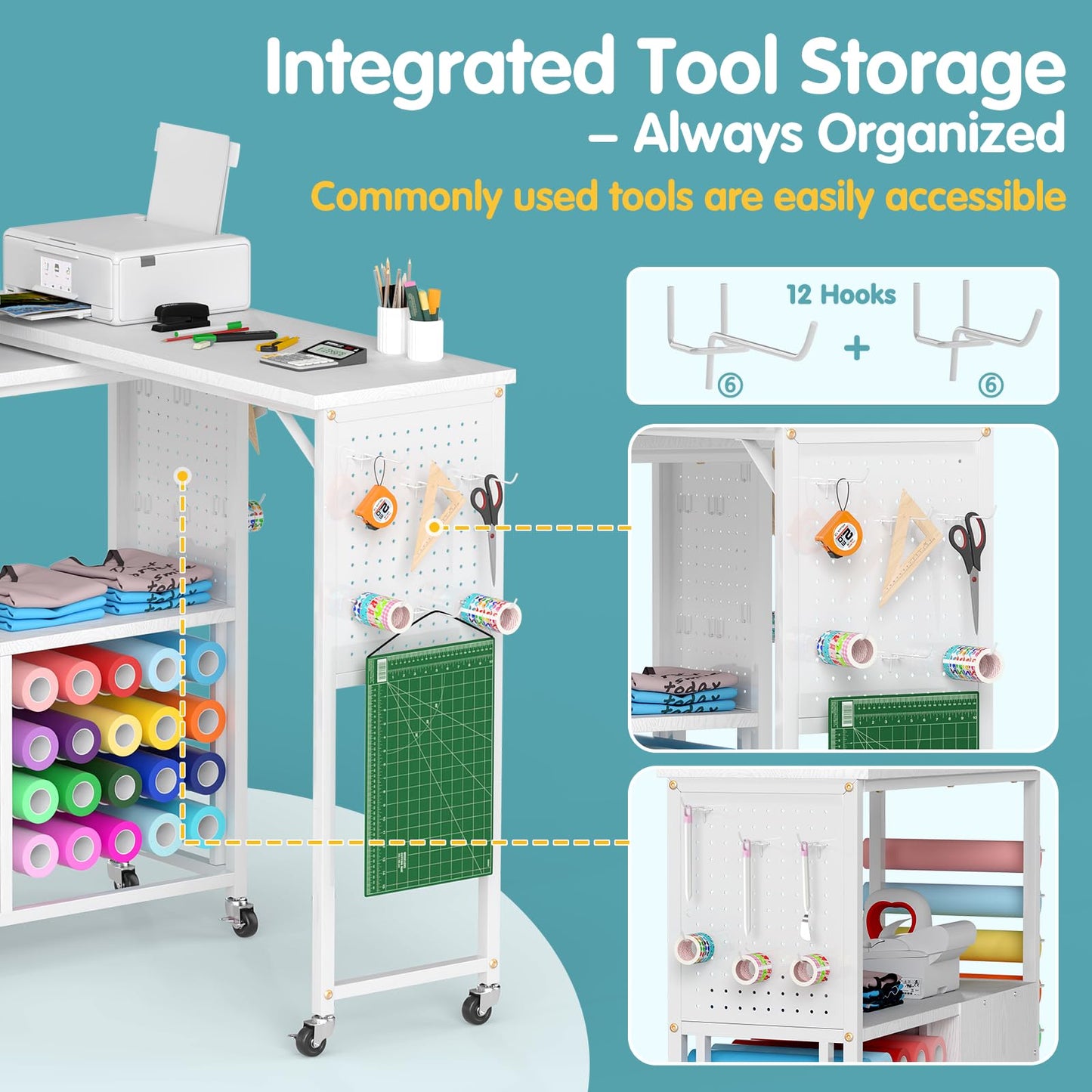 MASHELLY 360 Rotating Craft Cart with 26 Vinyl Rolls Storage & Side Pegboards | Mobile Rolling Workstation for Heat Press, Compatible with Cricut Machines | Locking Brakes for Craft Room Home Office