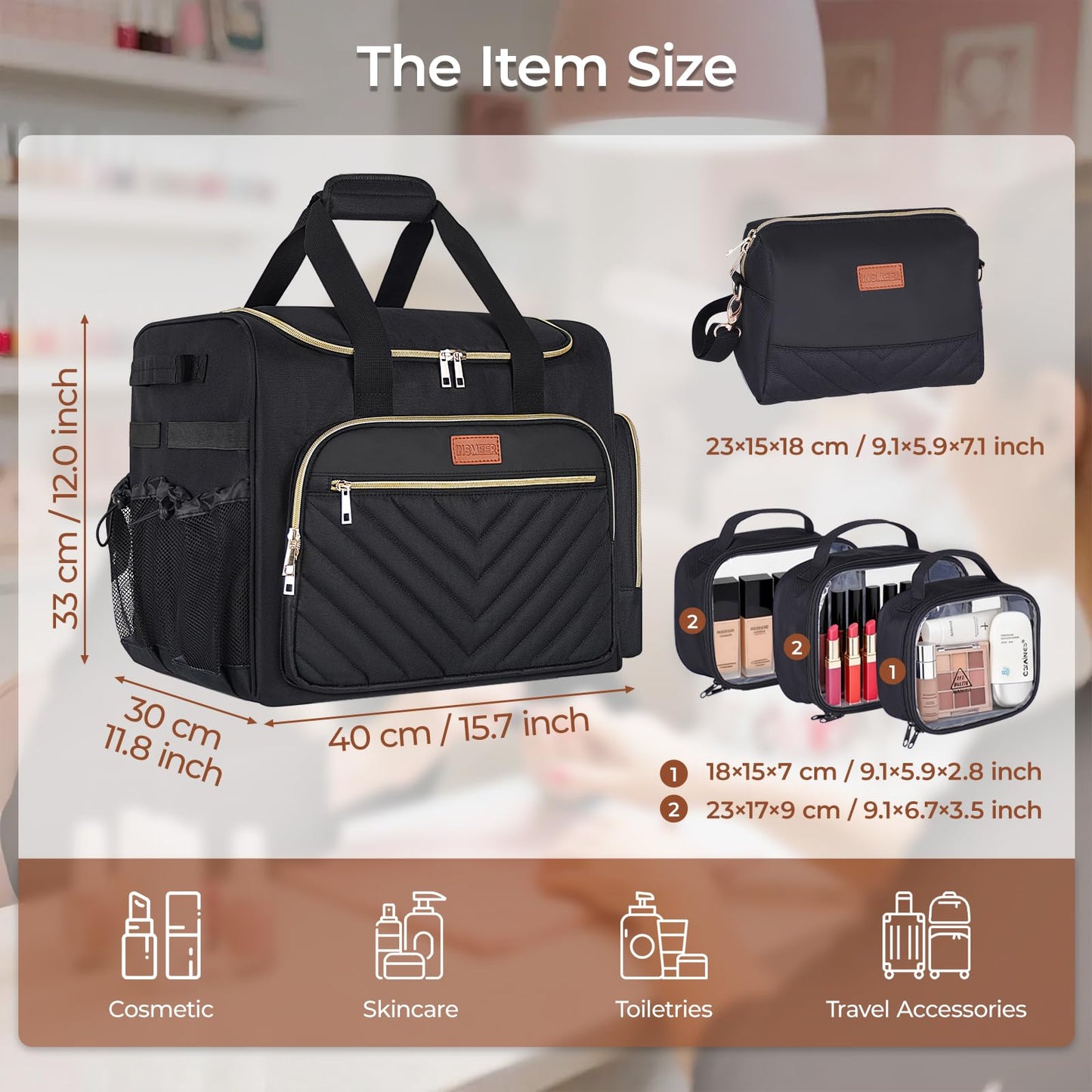 INSMEER Rolling Makeup Train Case with 3 Removable Clear Bags and 1 Shoulder Bag,Makeup Artist Hairstylists Bags Cosmetic Storage Organizer with Adjustable Dividers