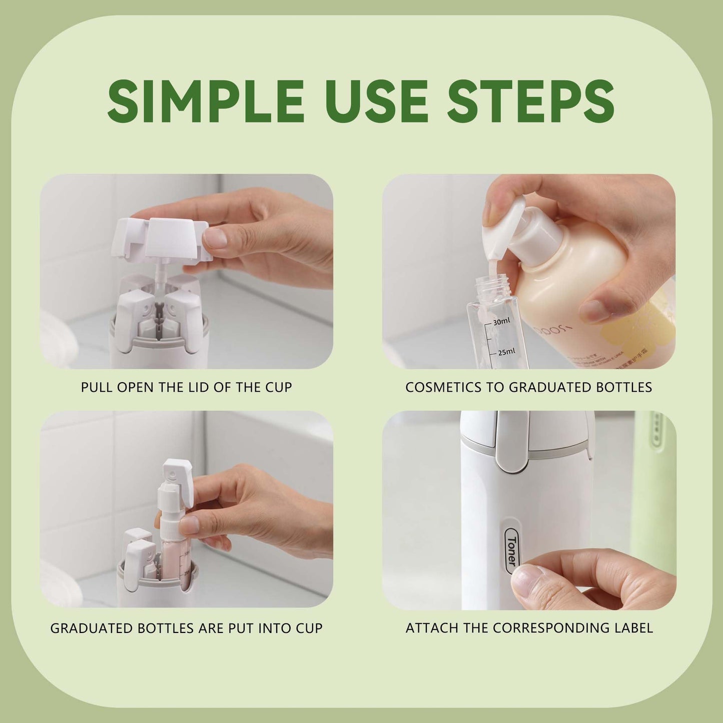 KreqiuCre 4 in 1 Travel Dispenser Bottle for Toiletries, Portable 30ML 4 Pack Leak-Proof Pump Containers, with Scale and Label,for Shampoo, Shower & Travel Use