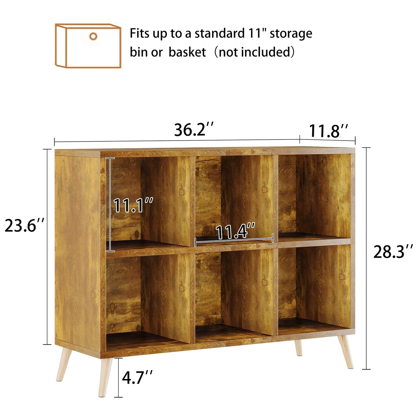 6 Cube Storage Organizer, Wood Bookcase with Legs, Modern Freestanding Cubby Shelving Unit, Book Shelf Toy Storage Cabinet for Bedroom, Living Room, Kids Room, Fits 11 Inch Bins, Rustic Brown