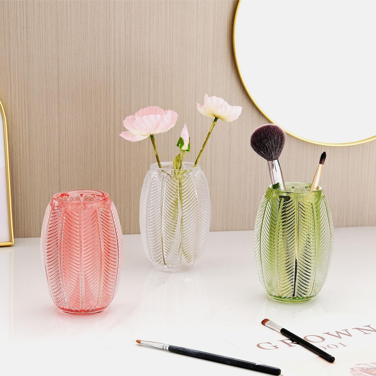 Gaolinci Leaf Stripes Clear Tumbler Cup Makeup Brush Toothbrush Holder for Bathroom, Vanity, Countertop, Desk and Bedside Table