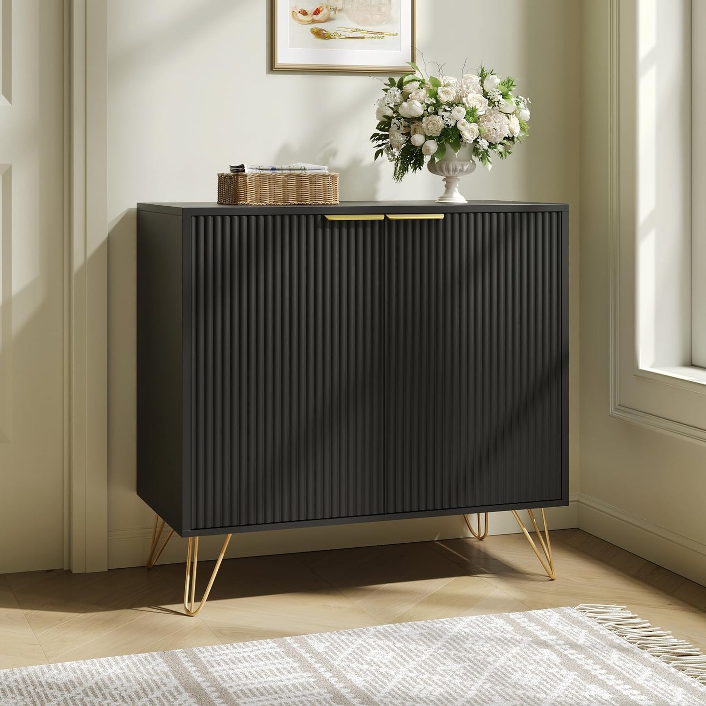 Sscaktu Fluted Storage Cabinet, 2 Doors Sideboard Buffet Cabinet, Modern Wood Accent Table with Adjustable Shelves, Console Table for Living Room, Hallway, Entryway, Black