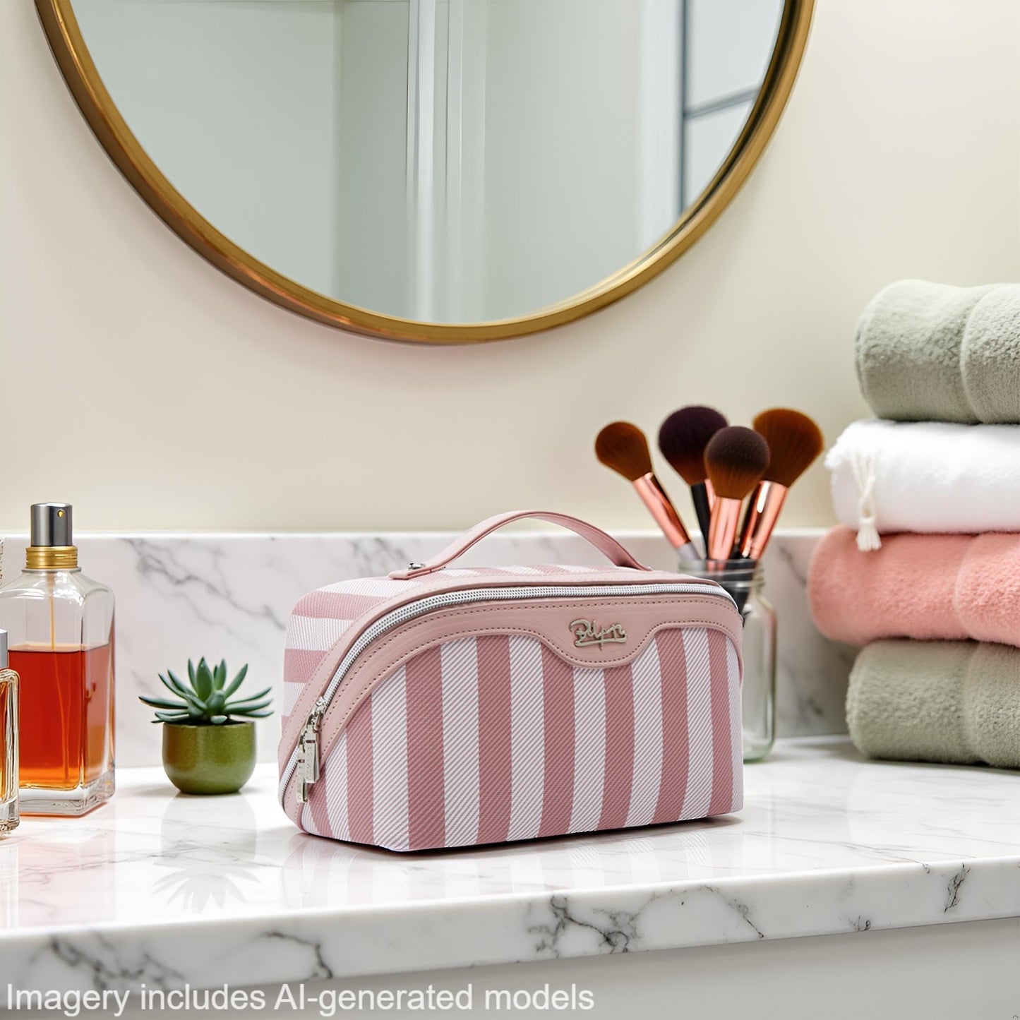 BOYATU Travel Makeup Bag Cosmetic Bag for Women: 3 Pcs Set Striped Make up Bag with Compartments - Waterproof Vegan Leather Toiletry Bags with Handle - Makeup Organizer for Travel Essentials(A-3-Pink)