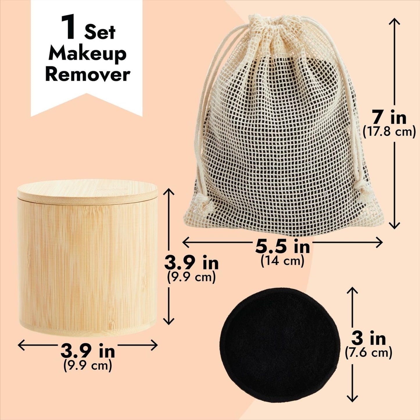 18 Pack Reusable Cotton Rounds for Makeup Removal with Bamboo Holder and Mesh Storage Bag (Black)