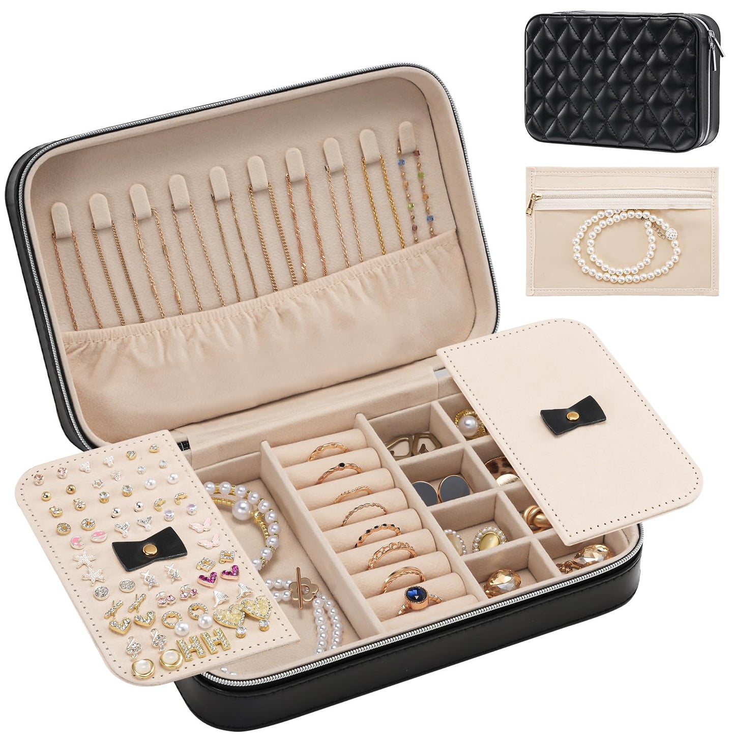 Lolalet Travel Jewelry Case for Women Girls, Travel Jewelry Organizer Box with Mirror & Clear Storage Bag, Small Portable Earring Necklace Bracelet Ring Case, Birthday Valentine Gifts -Medium, Black