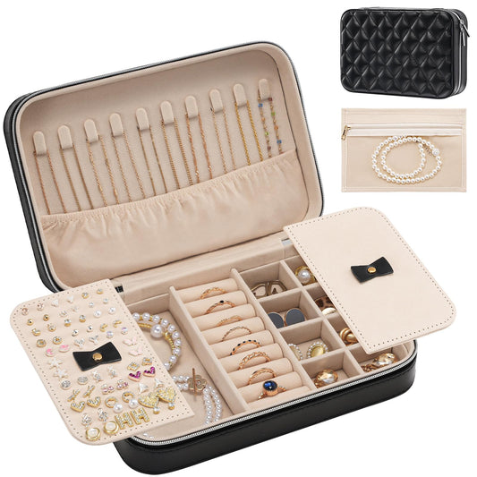 Lolalet Travel Jewelry Case for Women Girls, Travel Jewelry Organizer Box with Mirror & Clear Storage Bag, Small Portable Earring Necklace Bracelet Ring Case, Birthday Valentine Gifts -Medium, Black