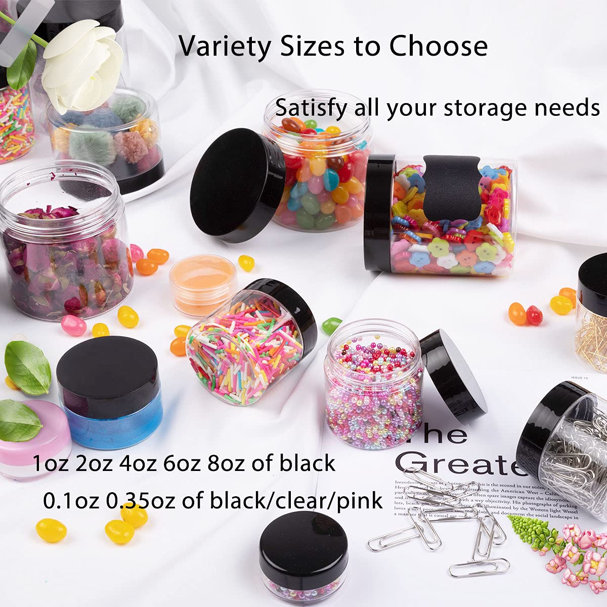 100 Pack 3 Gram Sample Containers with Lids, 3ml Mini Sample Jars, Tiny Plastic Cosmetic Containers for Lip Balms, Makeup, Lotion, Eye Shadow, Powder, and Lip Balms (Black Lids)