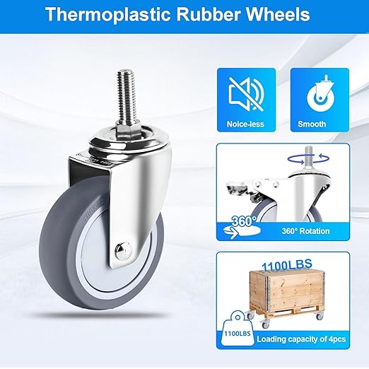 4 inch Stainless Steel Caster Wheels Heavy Duty, 3/8"-16x1 Threaded Stem Casters Set of 4, Rust Resistant, Non-Marking Slient TPR Rubber Wheels for Hospital, Lab, Furniture, Restaurants