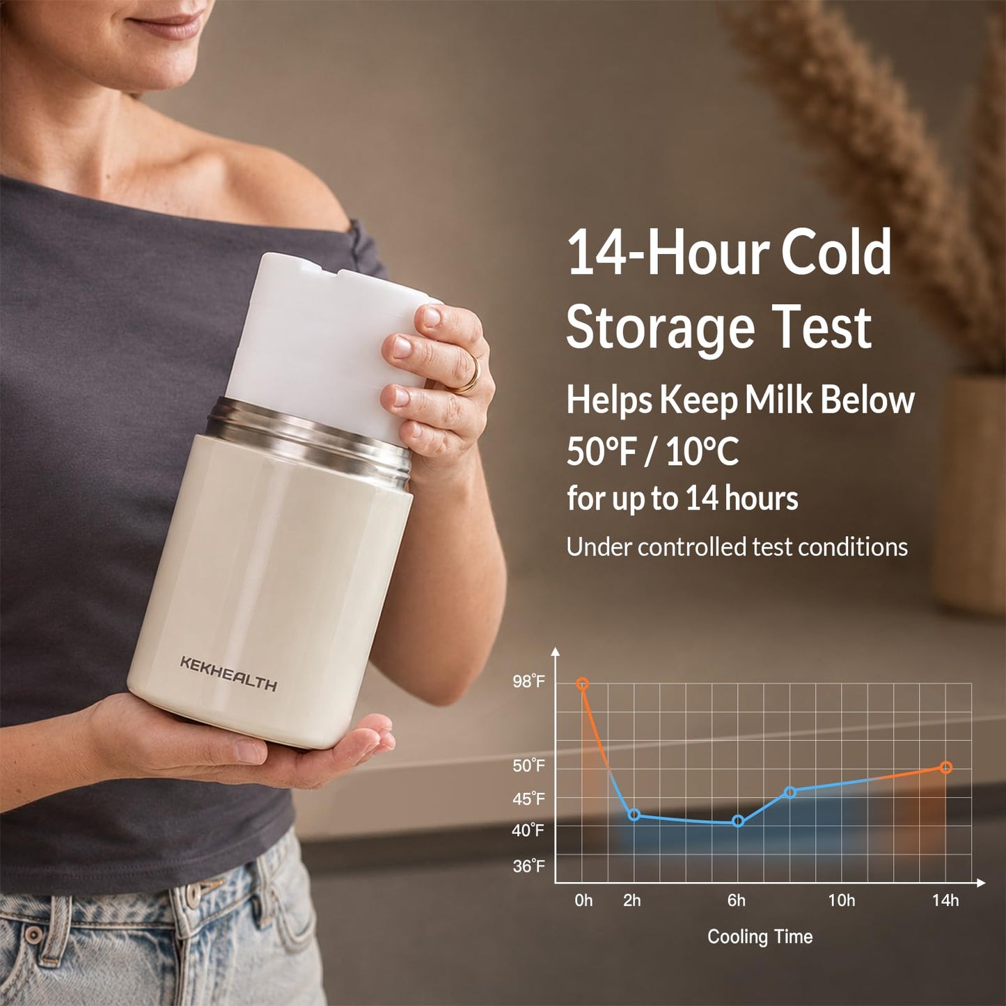 KEKHEALTH 11oz Stainless Steel Breast Milk Cooler, 360° Cooling Gel Ring, 14-Hour Cold Storage, BPA-Free 11oz Bottle, Leak-Proof Portable Cooler for Half-Day Pumping, Work & Travel