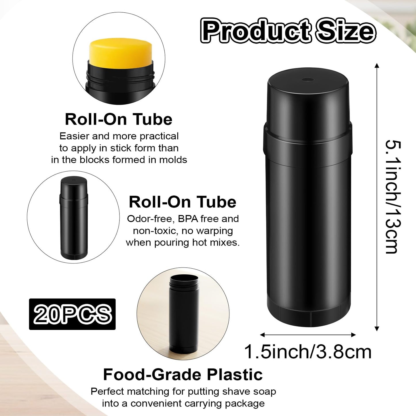 20 Pcs Plastic Deodorant Containers, Empty Round Twist-Up Solid Stick Tube Container for Homemade Deodorant, Shaving Soap Stick, Heel Lip Balm, Solid Lotion Bars-Top Filling (Black, 2 oz/60ml)