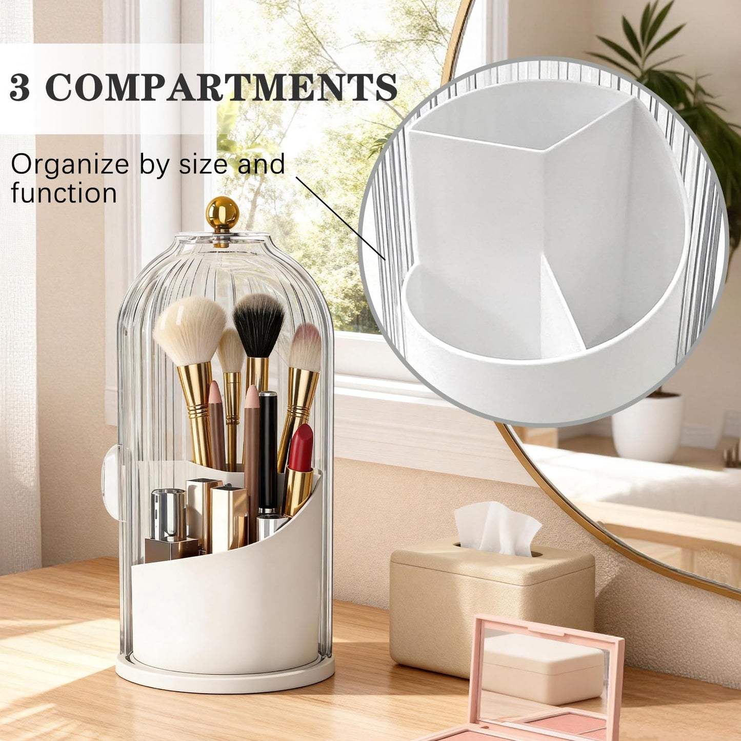 LAKSMI Makeup Brush Holder with Lid, Dustproof 3-Compartment Cosmetic Organizer, Large Capacity Vanity Storage for Brushes, Eyebrow Pencils, Toothbrushes, Dorm & Bathroom Essentials (White)
