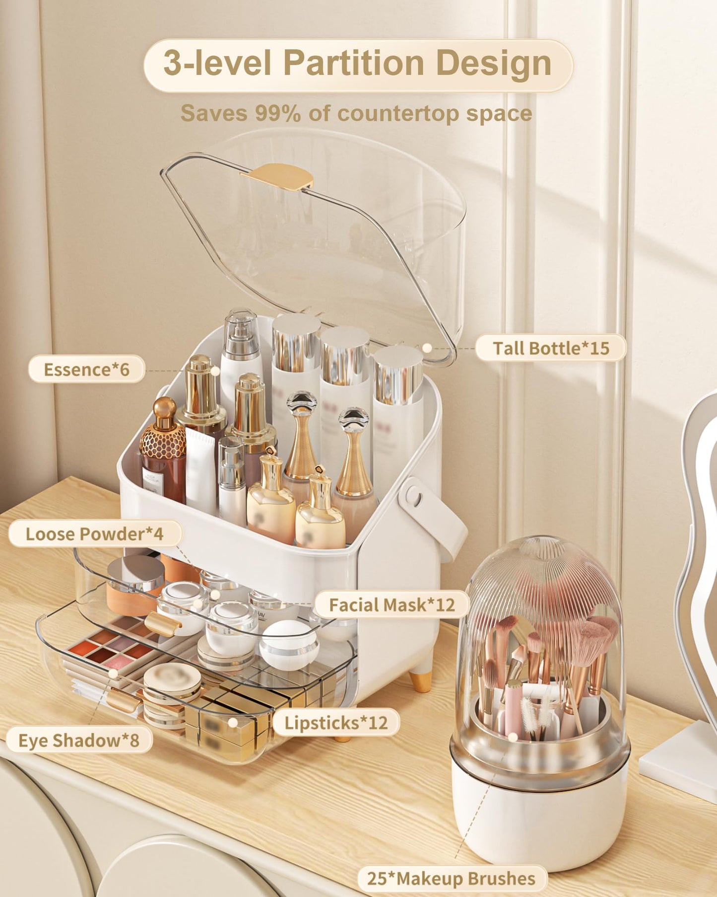 Makeup Organizer Countertop, Skincare Holder Bathroom Counter Organizer, Storage Box Cosmetic Display Cases, Teen Girl Gifts Make up Organizers (White/Brush)