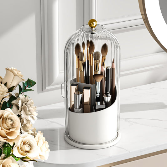 GAXmi Makeup Brush Holder with Lid Rotating Cosmetic Organizer, Transparent
