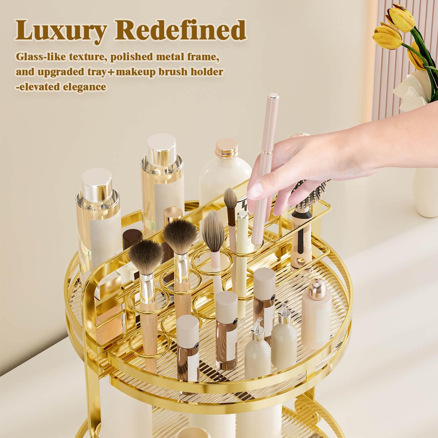 DUANFEE 360° Rotating Makeup Organizer, 2-Tier Gold Perfume Organizer for Dresser, Bathroom Organizer Countertop, Lazy Susan Spinning Perfume Stand Vanity Skincare Storage with Makeup Brush Holder