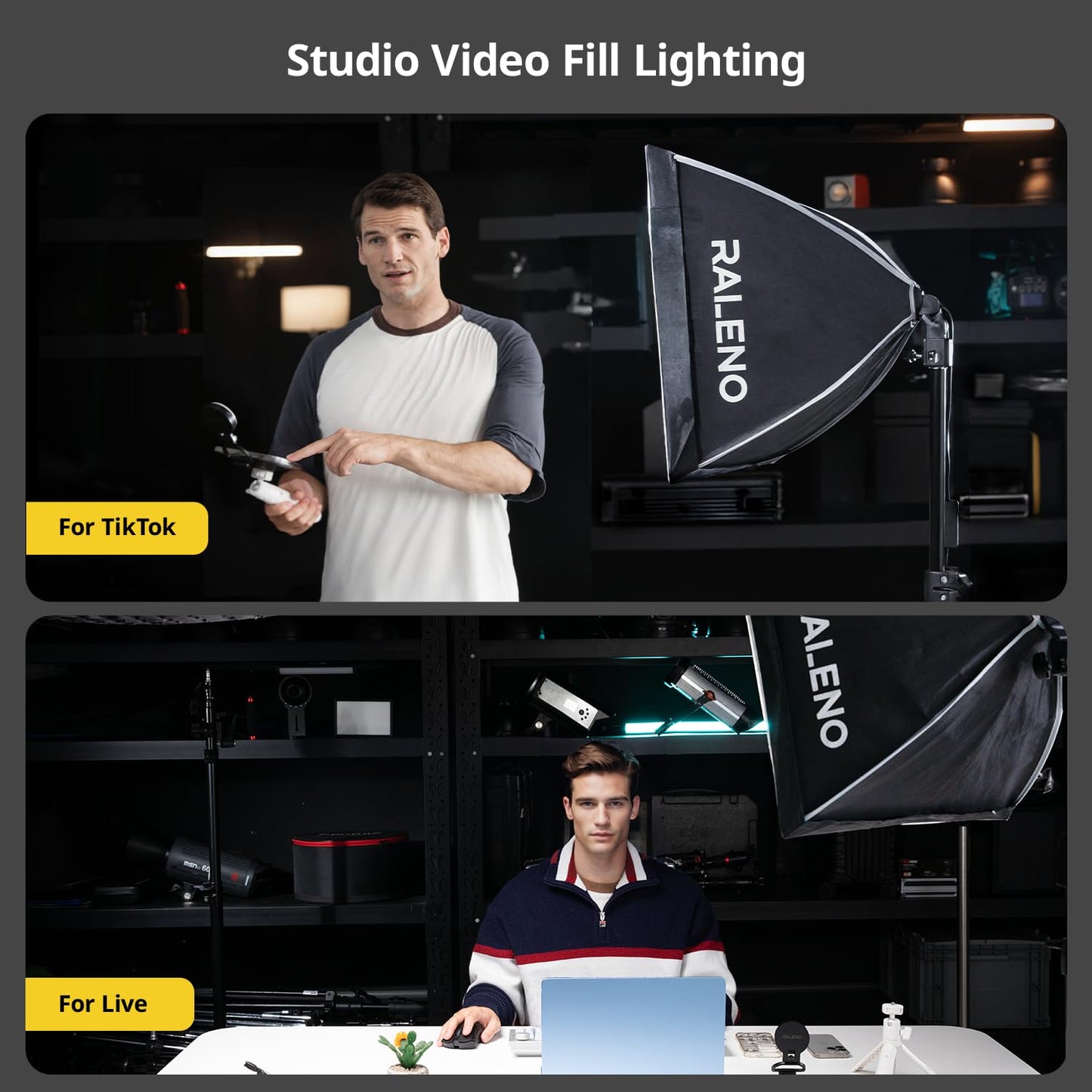 RALENO Softbox Photography Lighting Kit, 16'' x 16'' Softbox Lighting for TikTok with LED Bulb (50W | 5500K | 97 CRI | TLCI≥97), Continuous Light for Video Recording & Photography Shooting