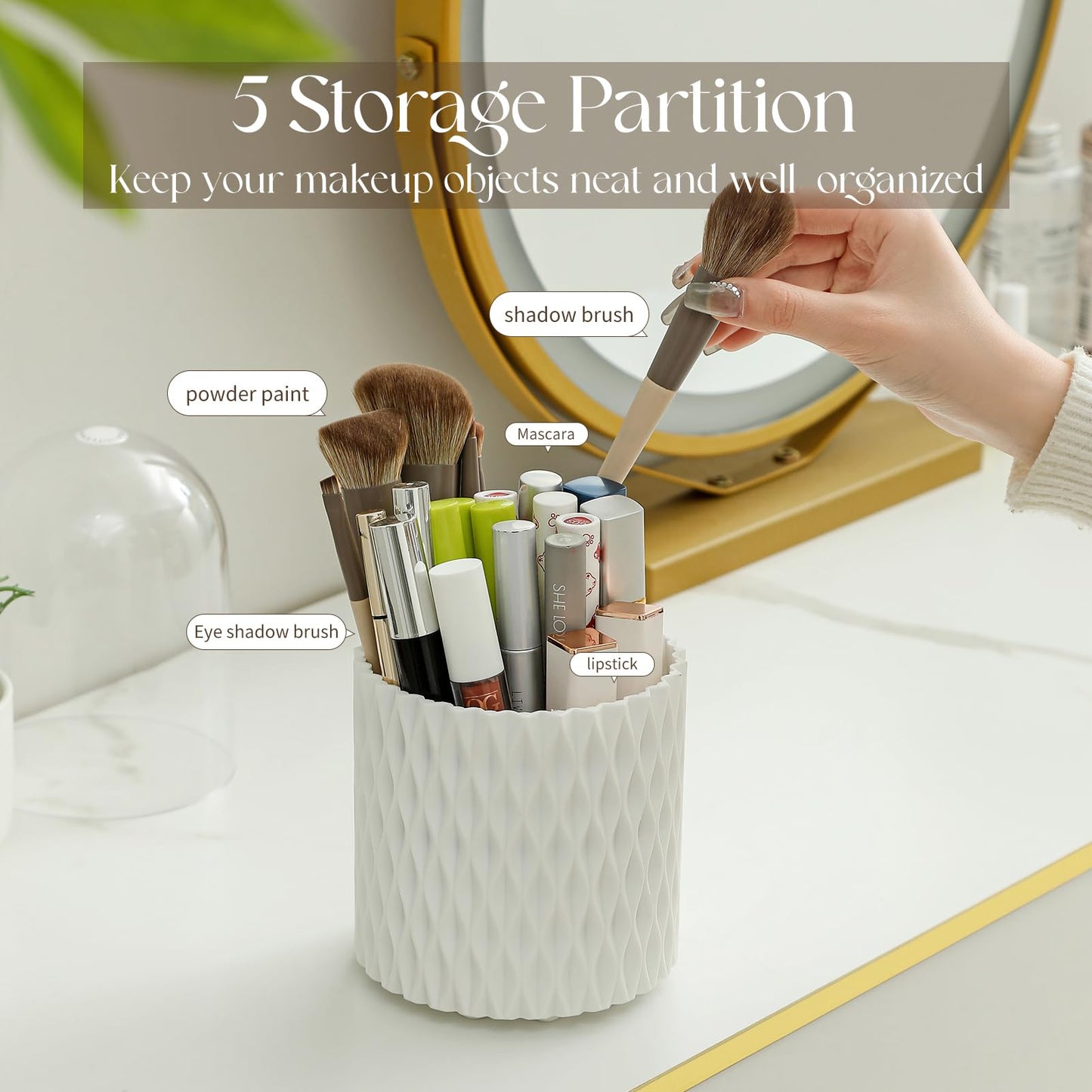 Imakmasion Makeup Brush Holder with Lid, 360° Rotating Dustproof 5-Slot Cosmetic Organizer for Vanity Countertop, Spinning Brush Caddy with Cover for Lipstick, Hair Brush & Art Supply, White