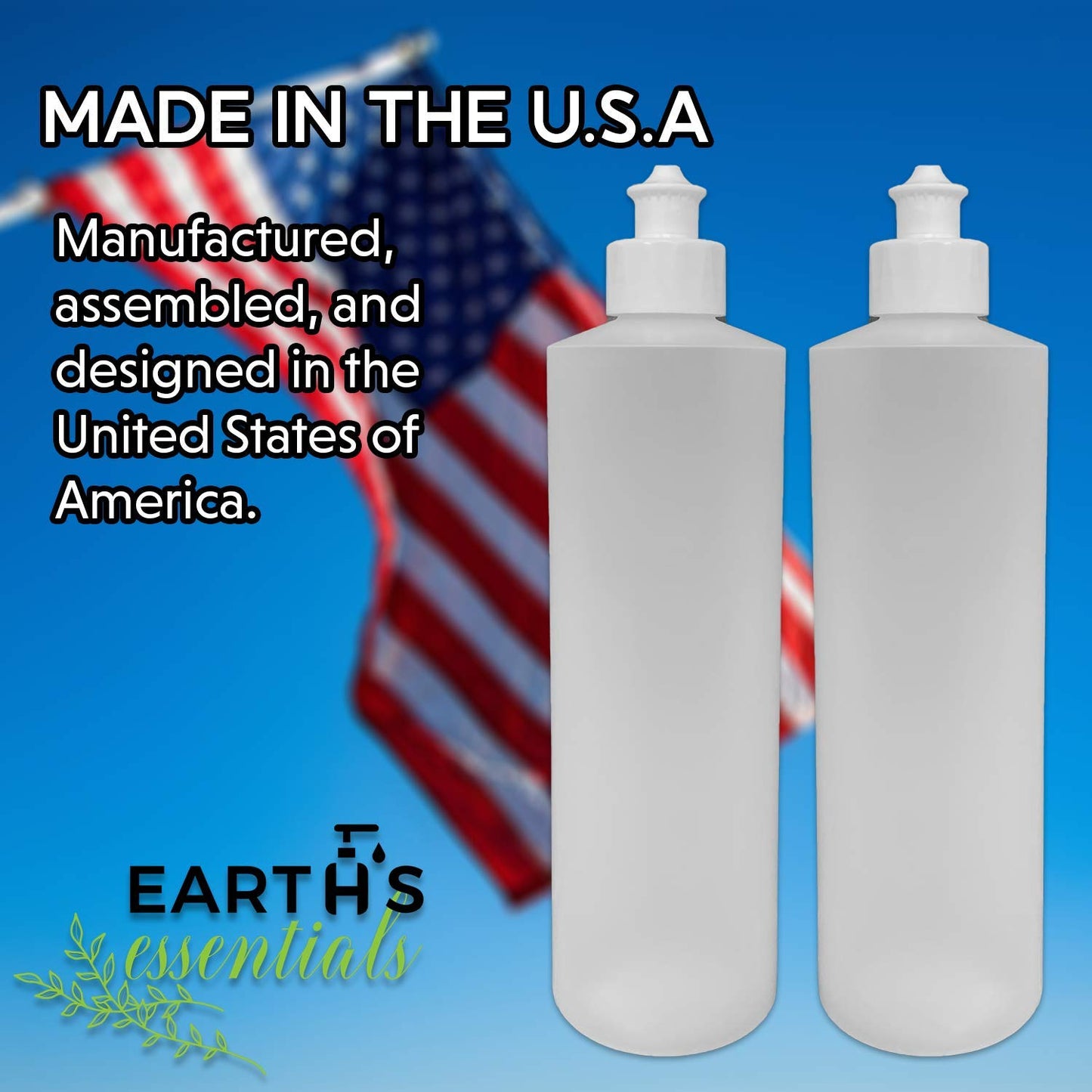 2 Pack Refillable 16 Ounce HDPE Squeeze Bottles With Push/Pull Button Top Dispenser Caps-Great For Lotions, Shampoos, Conditioners and Massage Oils-Includes our patented thread-on funnel