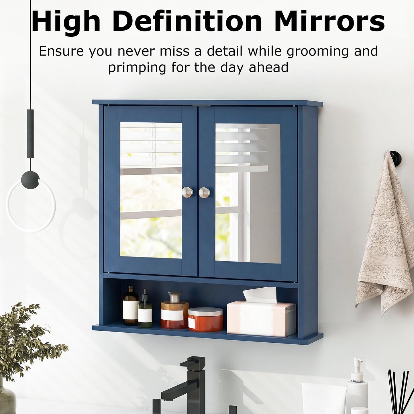 Tangkula Bathroom Medicine Cabinet with Mirror, Wall Mounted Wooden Hanging Organizer with Doors and Shelves, Bathroom Wall Mirror Cabinet (Mirror Doors, Blue)