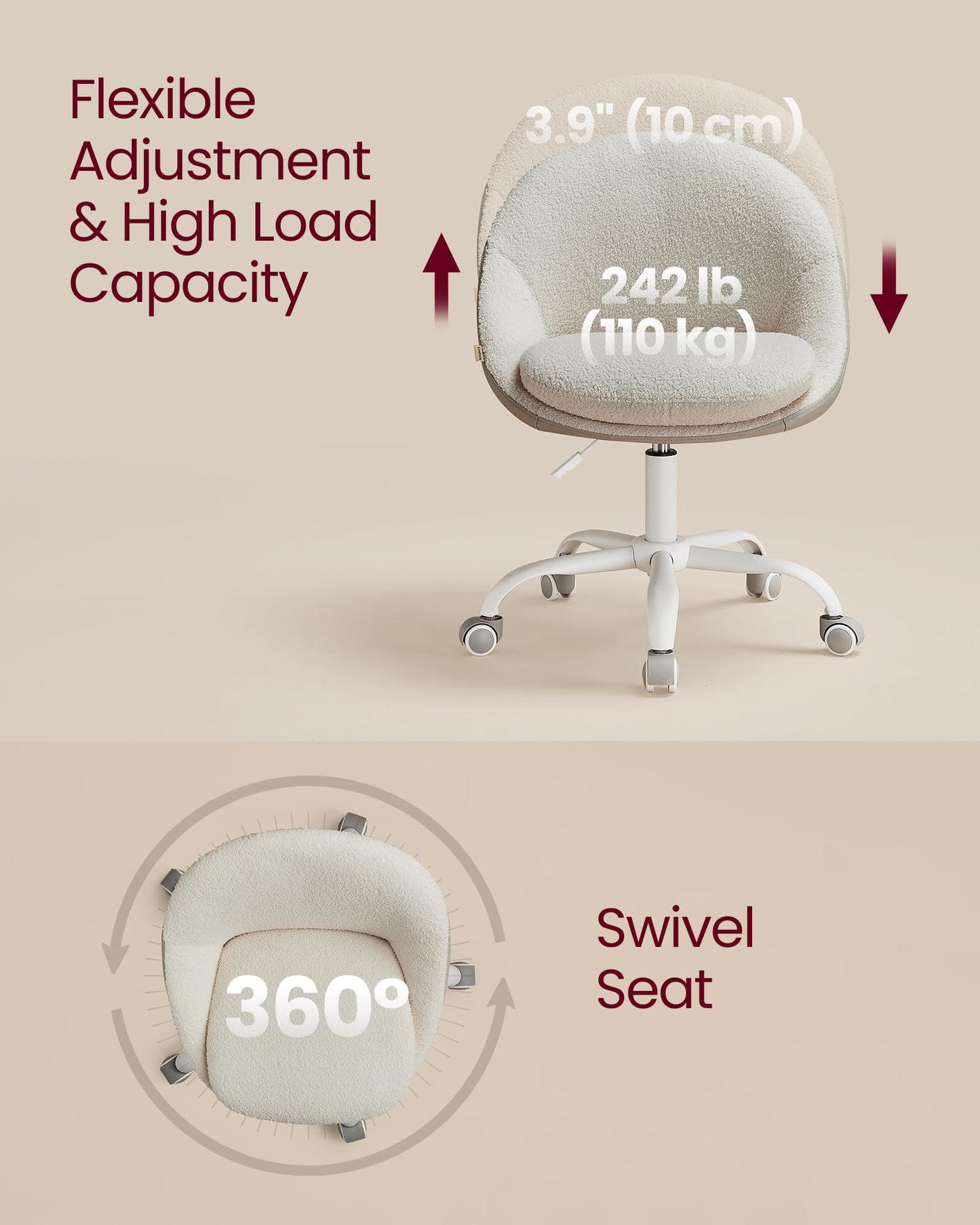 VASAGLE Vanity Chair with Back, Adjustable Swivel Cute Desk Chair with Wheels, Sherpa and PU Leather for Lumbar Support, Compact for Small Spaces, Bedroom, Cappuccino Beige and Cloud White UOBG020W91