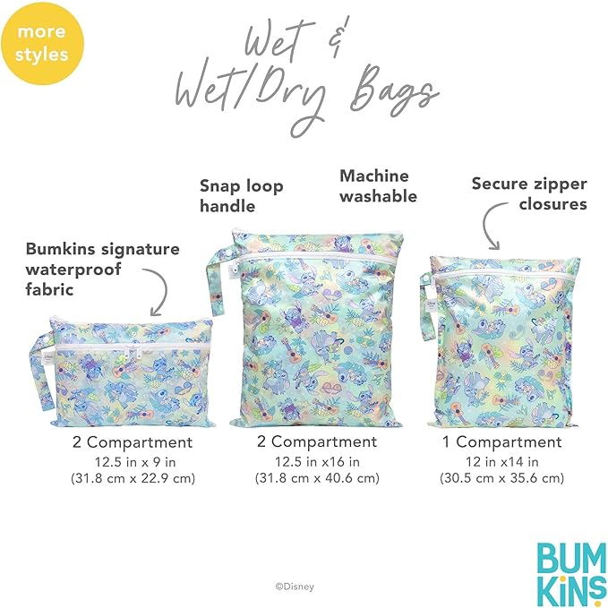 Bumkins - Waterproof Wet Bag & Wet/Dry Clutch Bags - For Beach, Baby, Travel, Swim Suit, Cloth Diapers, Pump Parts, Pool, Gym, Toiletries - Reusable & Easy to Clean - Mickey and Friends White - 2 Pack