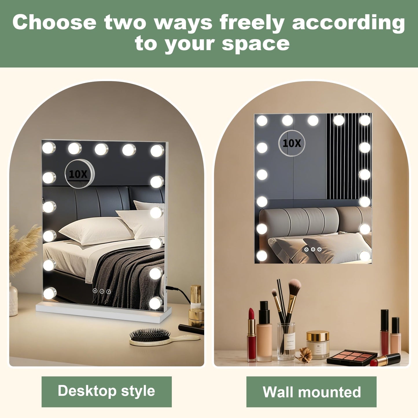 Lintterty Makeup Mirror with Light, Vanity Mirror with 15 Dimmable LED Bulbs, 3 Color Lighting Modes, 10X Magnification, Touch Control, USB Charging Port, White Metal Frame