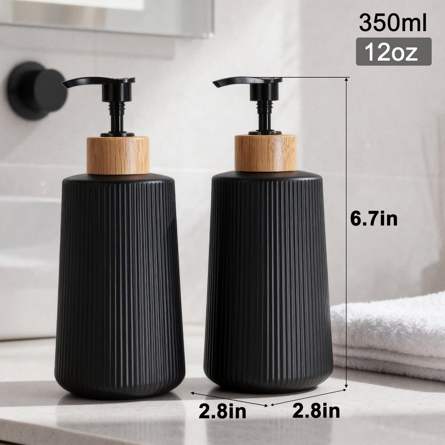 Glass Soap Dispenser, Thickened Glass Hand Soap Dispenser for Bathroom, Kitchen Dish Washing Liquid Bottles, Shampoo and Conditioner Bottles, Modern Farmhouse Style (Black, Set of 2, 12oz)