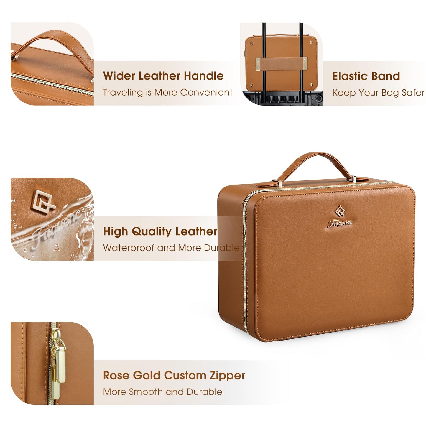 Faquenc Leather Makeup Case with LED Lighted Mirror 11.4 Inch Travel Makeup Bag Adjustable Brightness in 3 Colors Cosmetic Organizer Artist Storage Bag with Dividers Brush Holder Bag Vanity Brown