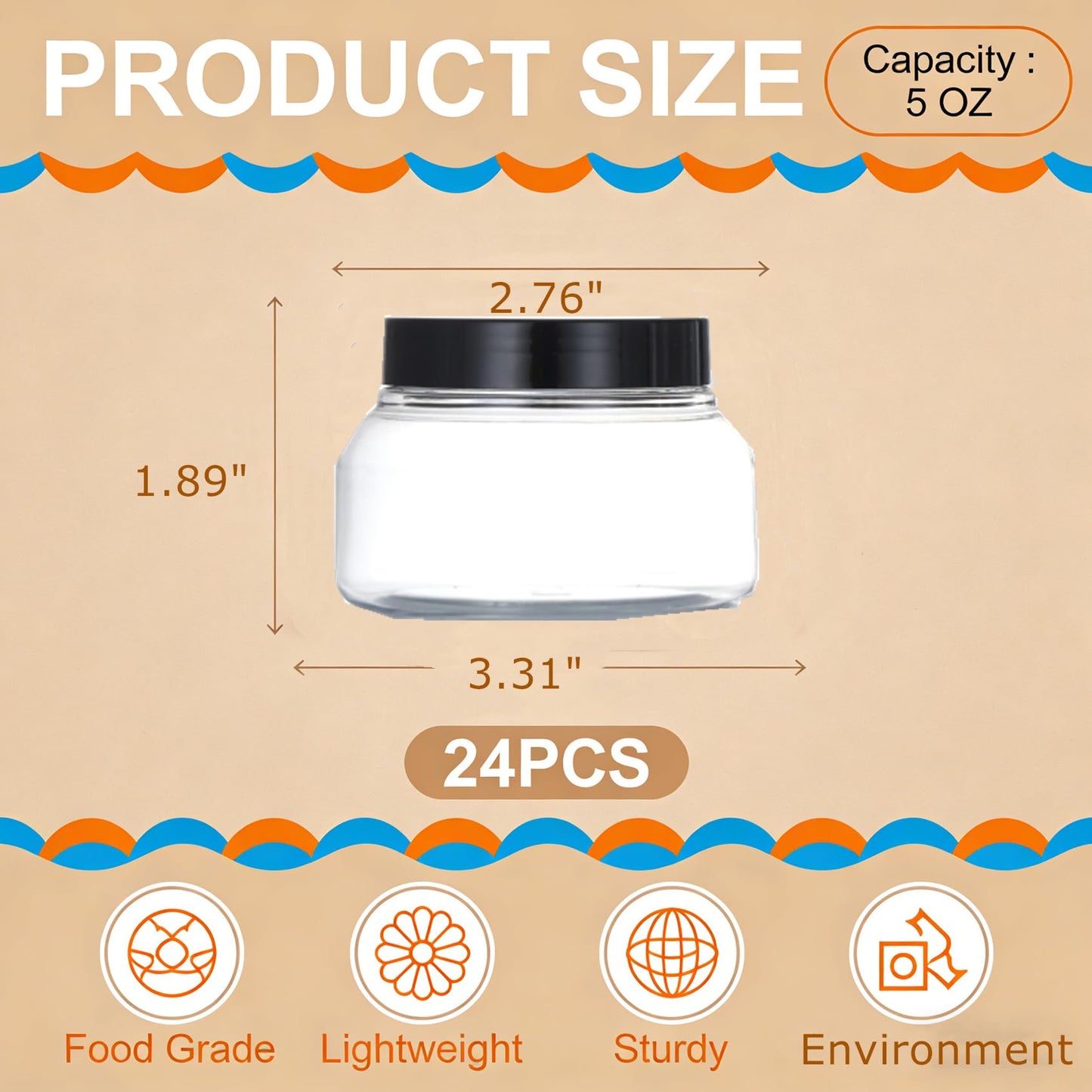 Zentriqlla 24 Pack 5 Oz Plastic Jars with Black Lids, BPA Free Clear Body Scrub Containers, Empty Round Samples Jars for Sugar Scrub, Lotion, Body Butter, Cream