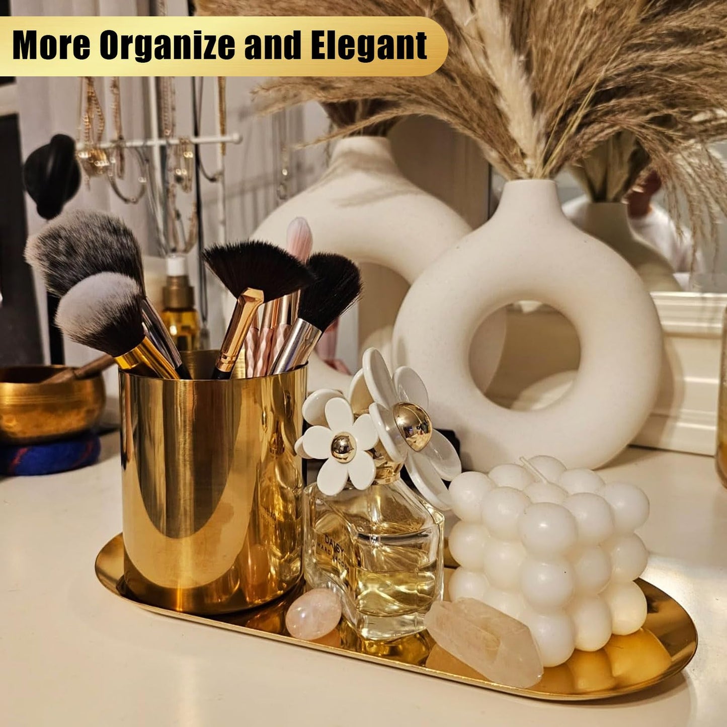 CYEAH Stainless Steel Decorative Tray Set of 6, Gold Decorative Tray 7 inch, Oval Jewelry Dish Bathroom Vanity Tray Small Serving Trays Candle Holder Stainless Steel Cosmetics Perfume Trays