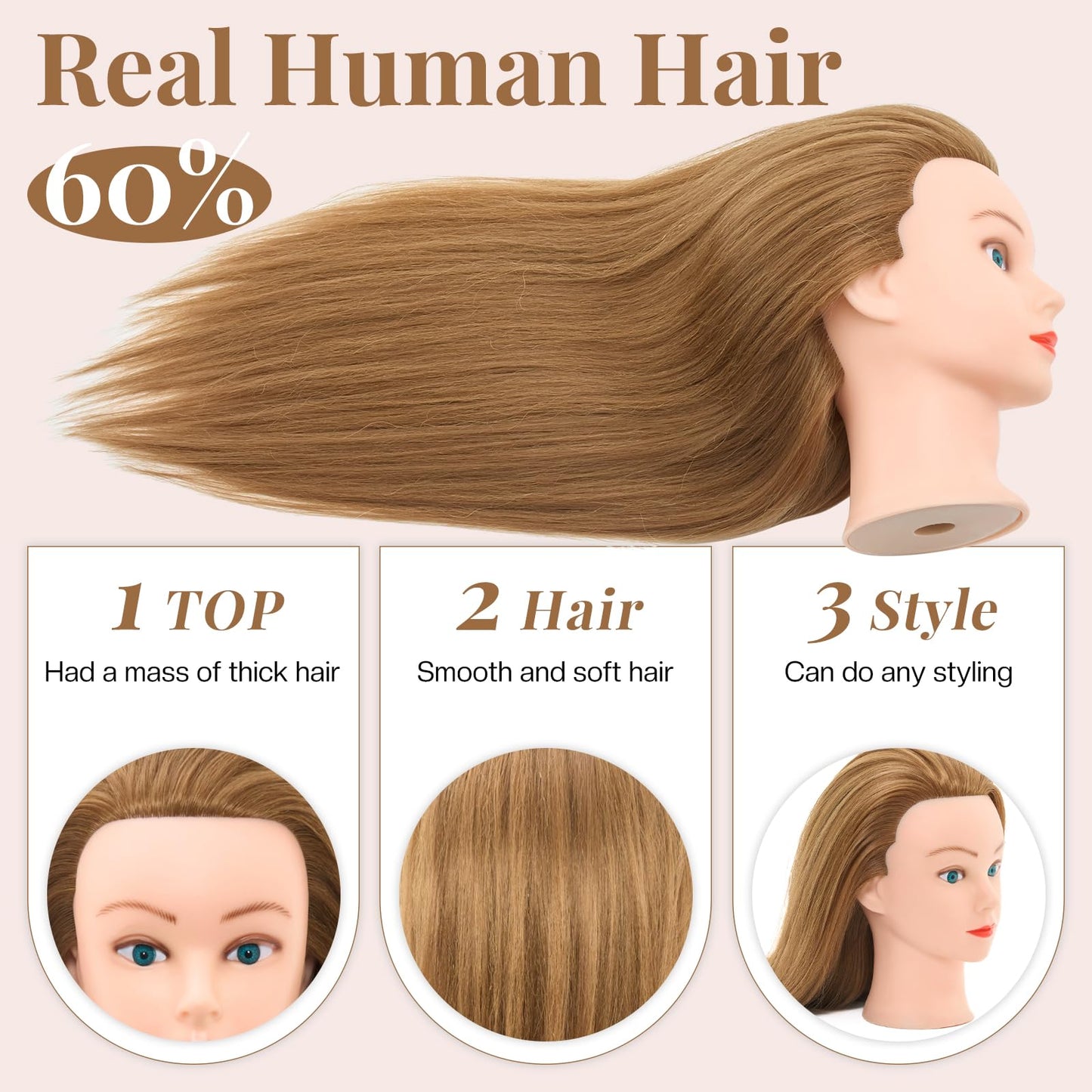 28Inch 80% Real Hair Mannequin Head, Cosmetology Mannequin Head with Hair for Braiding Curling Cuting, Table Clamp Styling Set(Blonde)
