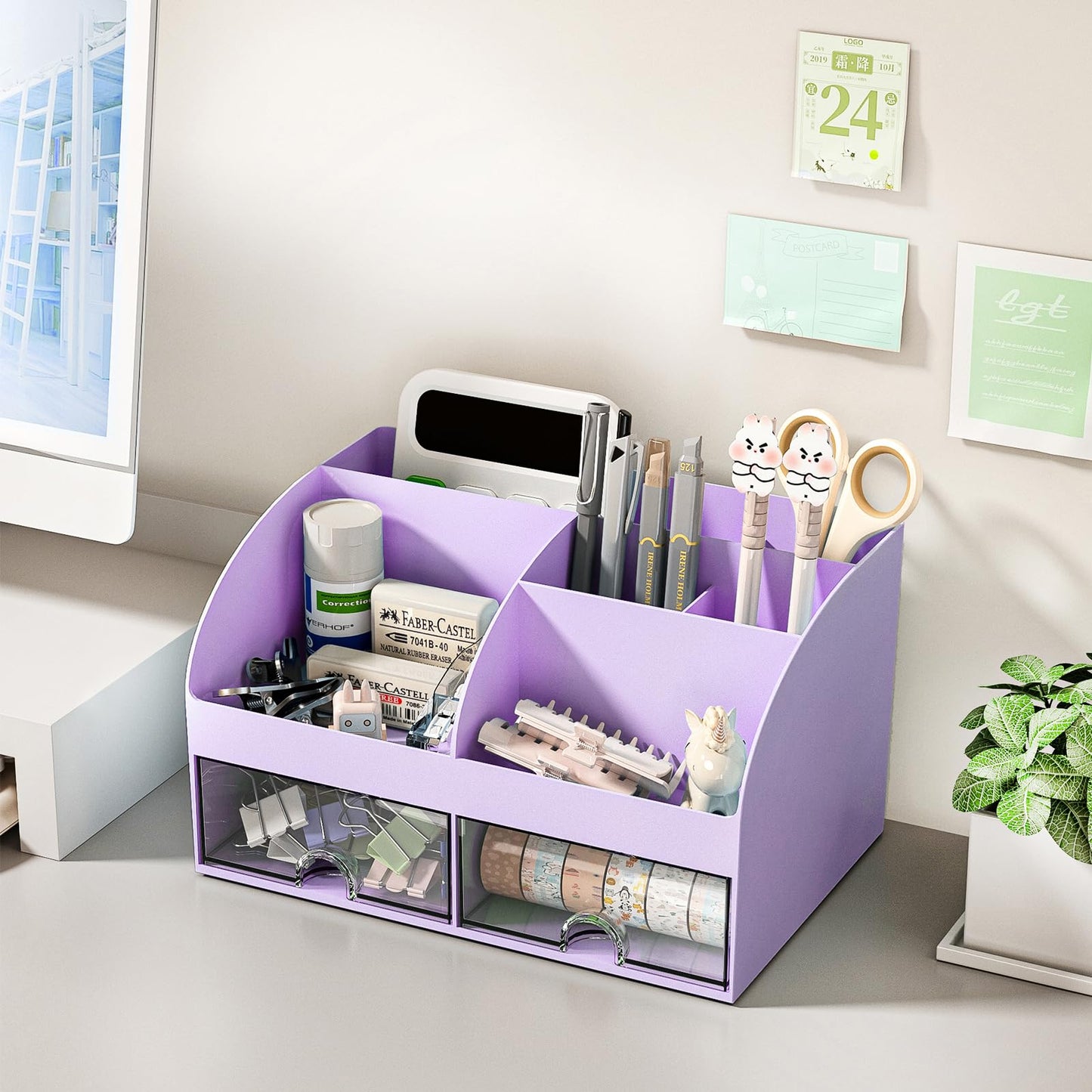 COMFYROOM Desk Organizer with 6 Compartments and 2 Drawers, Plastic Makeup Organizer, Pen Holder for Desktop Storage, Desk Organization for School, Home, Office Supplies (Purple)