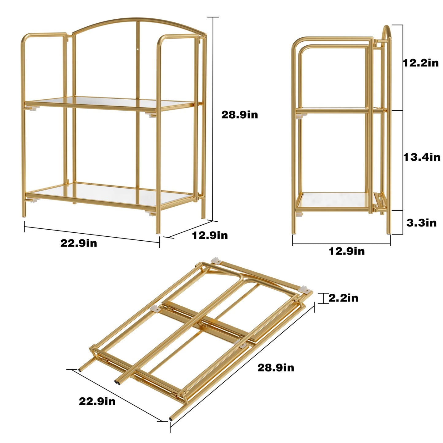Crofy 2-Tier Foldable Bookshelf, Gold Frame & Transparent Shelves