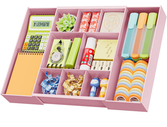 Marbrasse Expandable Desk Drawer Organizer, Clear Plastic Drawer Organizer Tray with 10 Adjustable Compartments, Desk Organizers and Accessories, 5 Drawer Dividers for Office Supplies, Makeup (Pink)