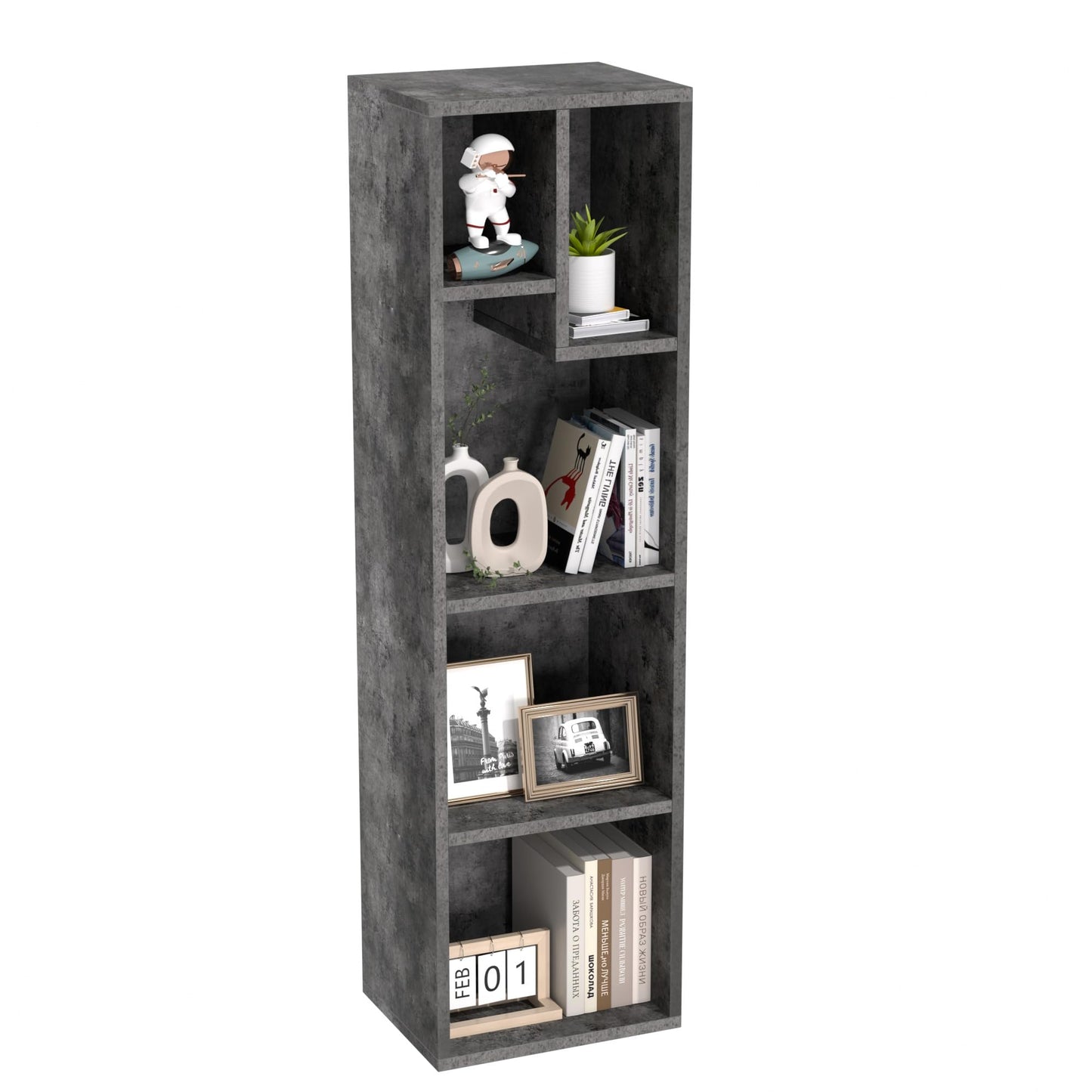 VECELO 4-Tier Bookcase, Modern Storage Cabinet with Height Difference Shelves for Standard Textbooks, 5 Cubes, Vertical or Horizontal, Easy Assembly, Grey