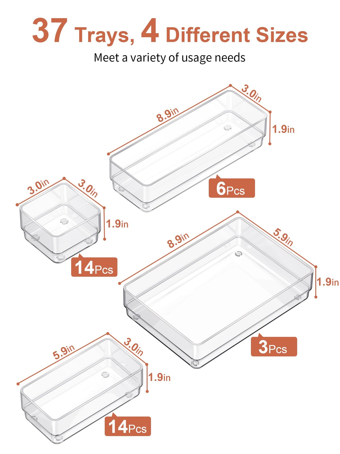 SMARTAKE 37-Piece Drawer Organizer with Non-Slip Silicone Pads, 4-Size Desk Drawer Organizer Trays Storage Tray for Makeup, Jewelries, Utensils in Bedroom Dresser, Office and Kitchen (Clear)