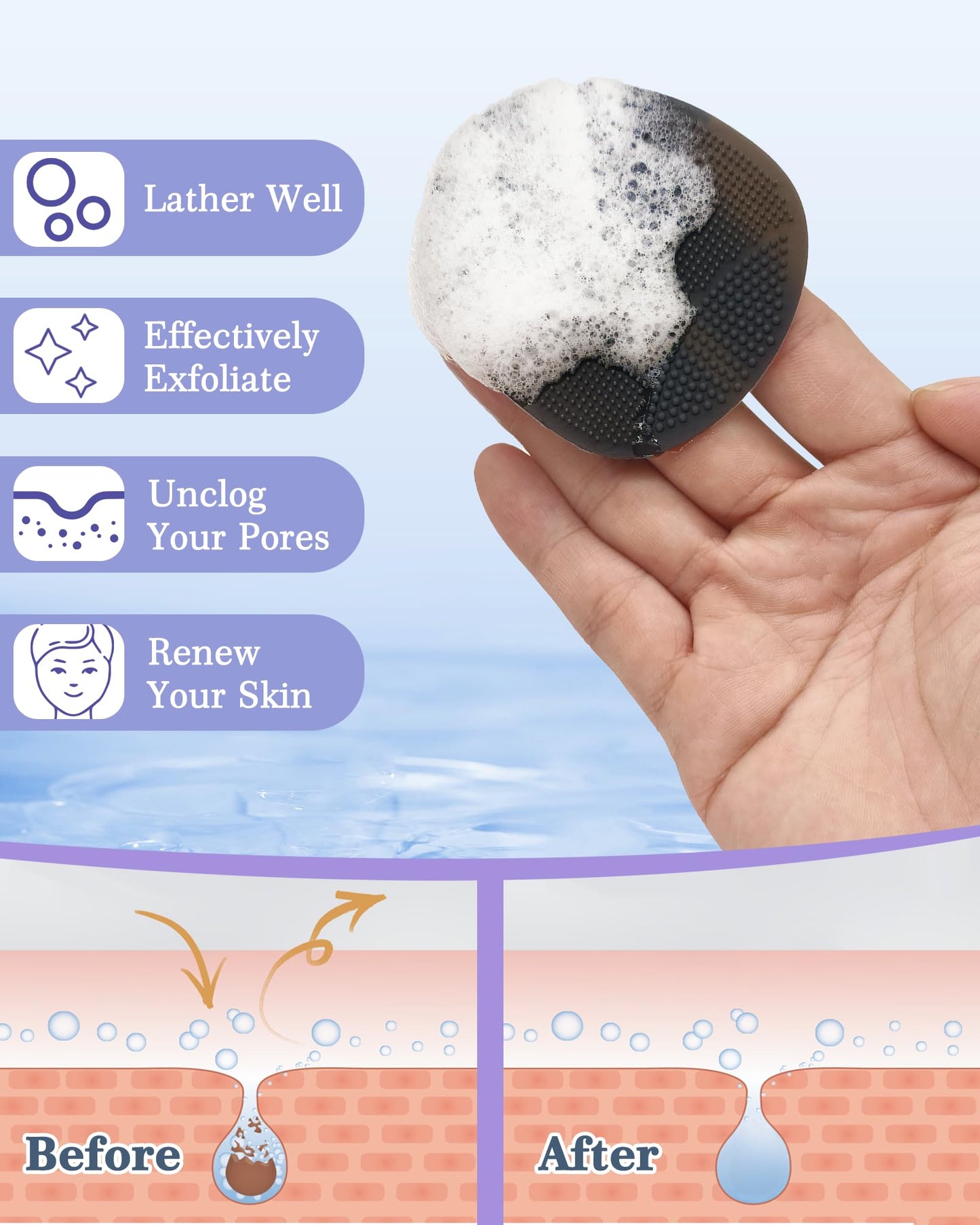 Manmihealth Silicone Back Scrubber & Soft Bath Glove Set 4 PCS(Thick Bristles), Super-Exfoliating Body Scrubber & Super-Lathering Shower Brush Combination, with 2 Adhesive Hooks (Black)