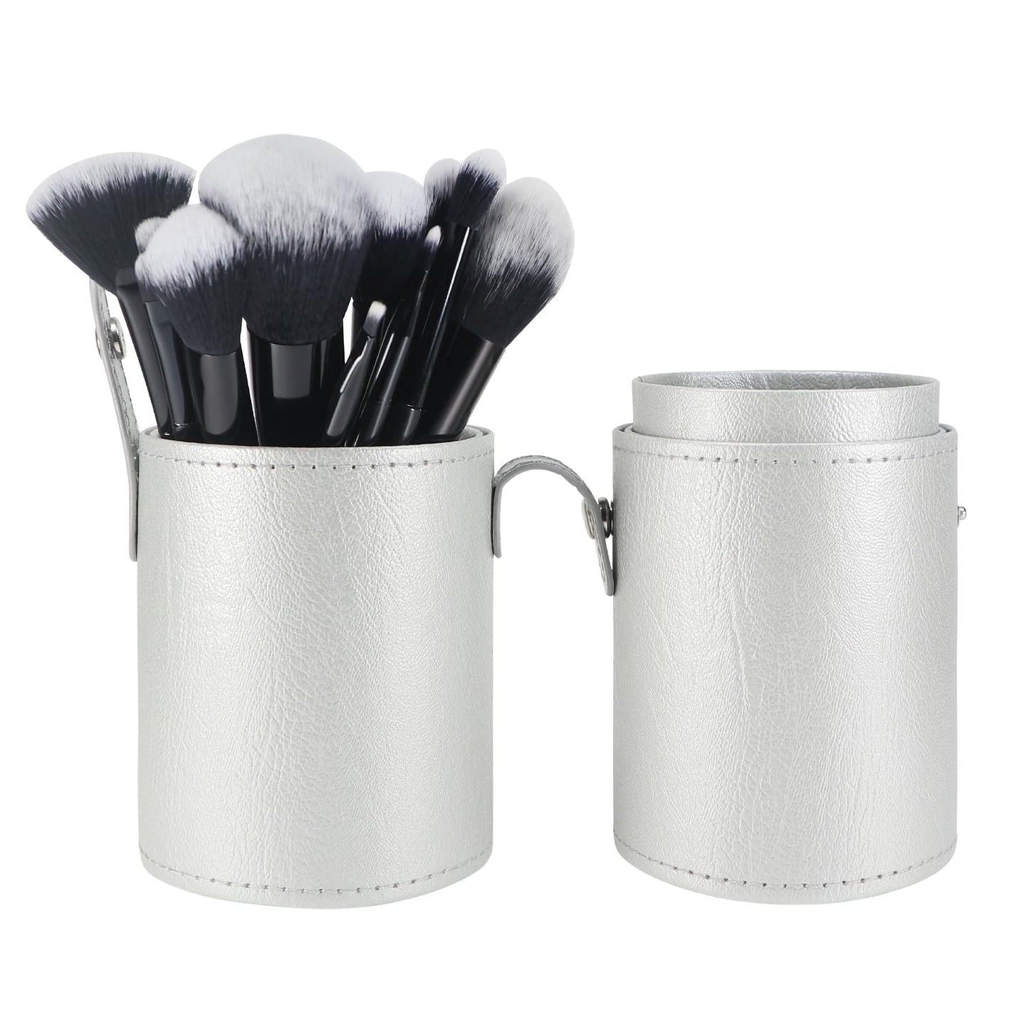 Kososuru Portable Makeup Brush Case,Pu Leather Makeup Brush Holder with Button,Travel Cup Storage Dustproof Makeup Cosmetic Bags for Women (Silver)