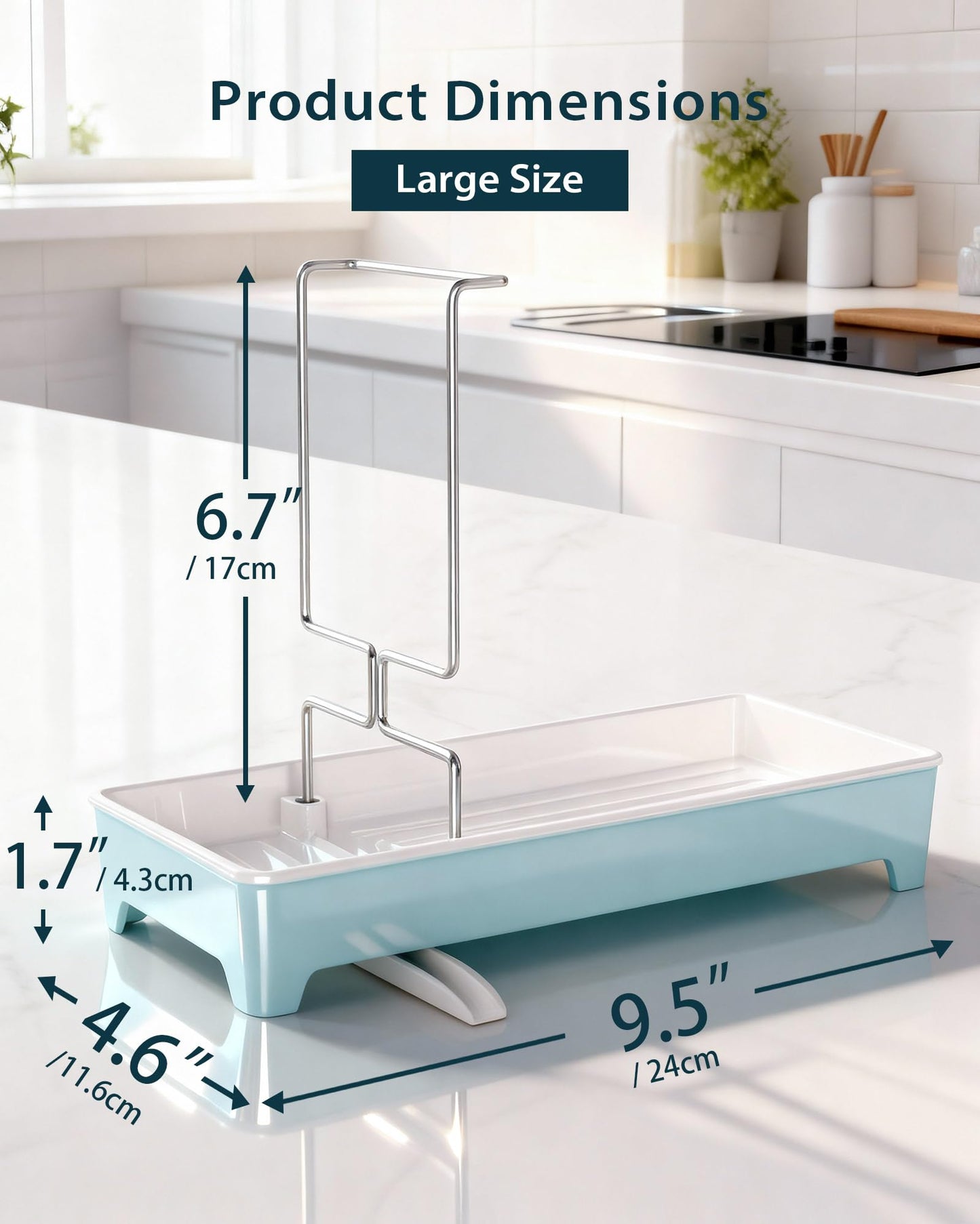 Caumic Minimalist Sink Caddy, Rustproof Sponge Holder for Kitchen Sink with 304 Stainless-Steel Brush Holder, Countertop Rack Organizer with Raised Ridges & Silicone Drain Tube (Pastel Blue, Large)