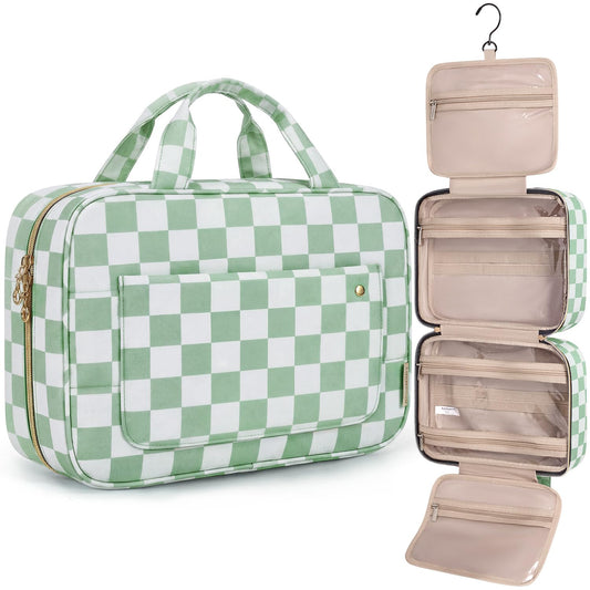 BAGSMART Toiletry Bag Travel Bag with Hanging Hook, Water-resistant Makeup Cosmetic Bag Travel Organizer for Accessories, Shampoo, Full-size Container, Toiletries (Green Checkerboard, Large)