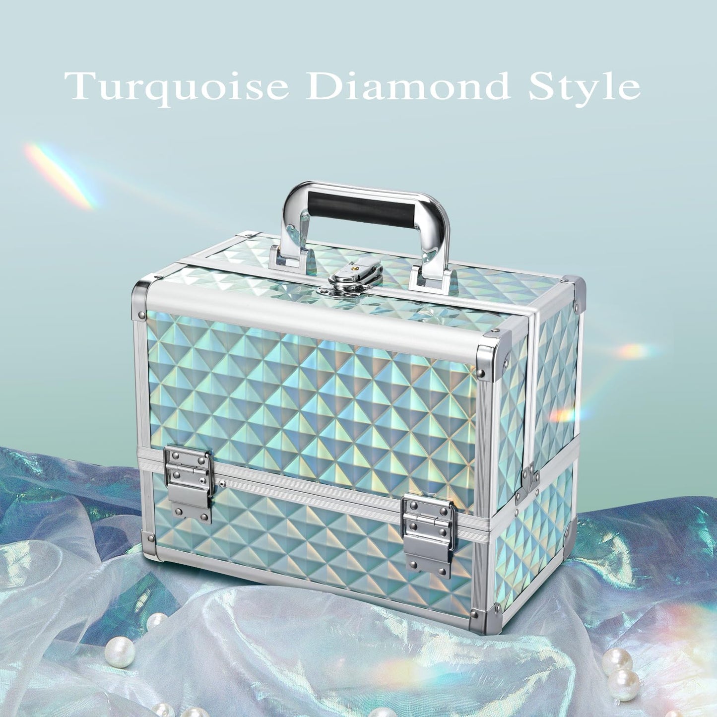 Joligrace Makeup Box 11.6-Inch Cosmetic Train Case for Women Travel Jewelry Organizer with Compartments & Mirror Portable Lockable Make-up Trunk Turquoise