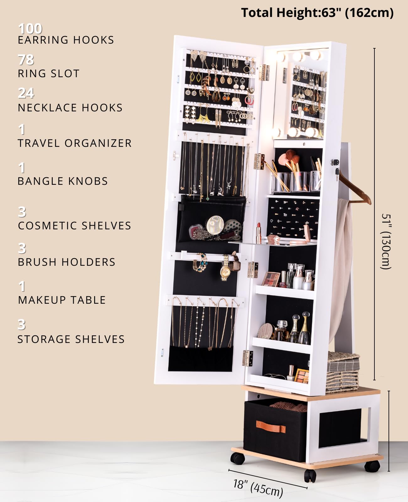 BTEXPERT 360 Swivel Jewelry Cabinet Armoire, Standing with Lights, Lockable Jewelry Organizer, 63" Rotating Full Length Frameless Mirror with Storage, 4 Wheels, White Lock Key