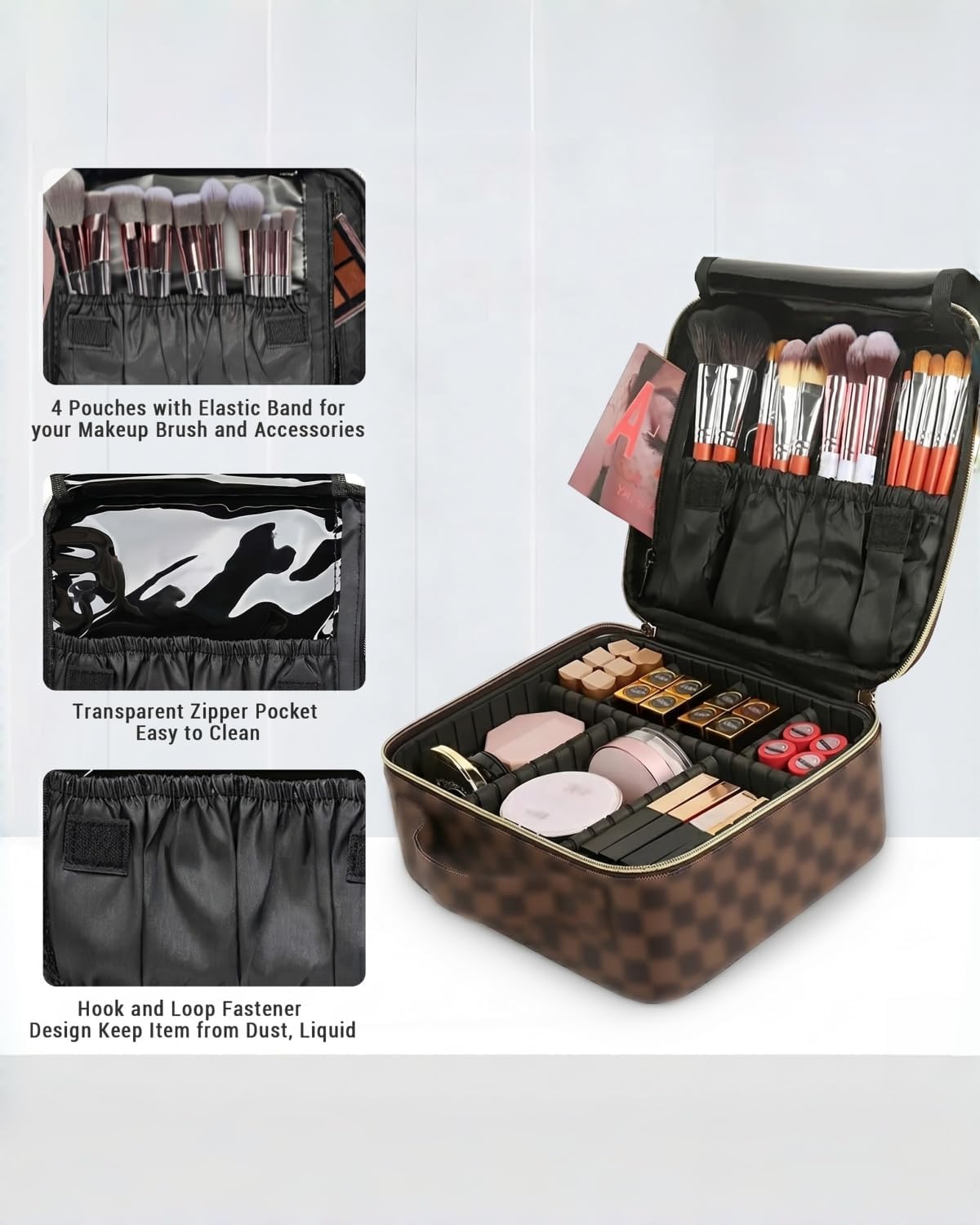 WIRIBEY Portable Makeup Bag with Brush Slots and Dividers - Checkered Toiletry Box for Standard Brushes & Palettes, Retro PU Leather Vanity Case with Gold Zipper for Dressing Table