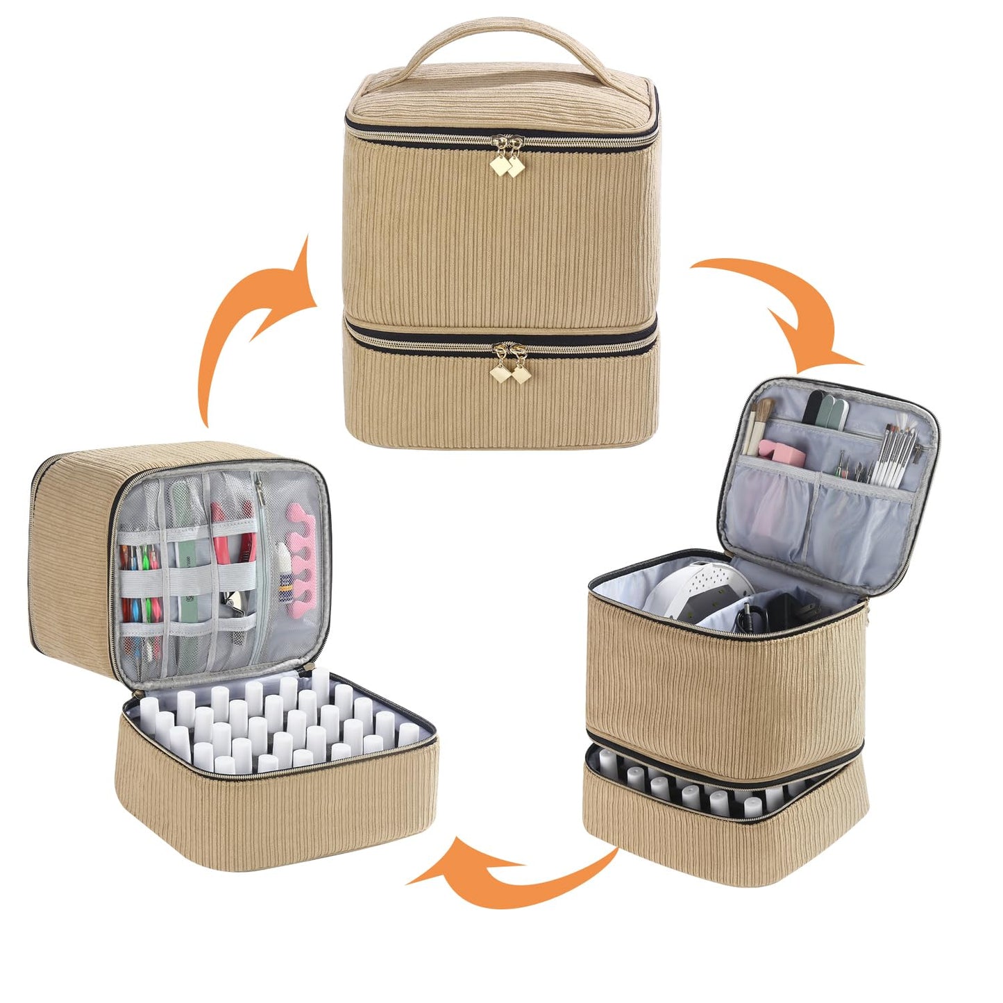 Corduroy Nail Polish Organizer and Nail Lamp Case, Nail Kit Organizer Holds 30 Bottles (15ml - 0.5 fl.oz) and a Nail Lamp, Nail Polish Carrying Case with Manicure Tools Storage Sections (Brown)