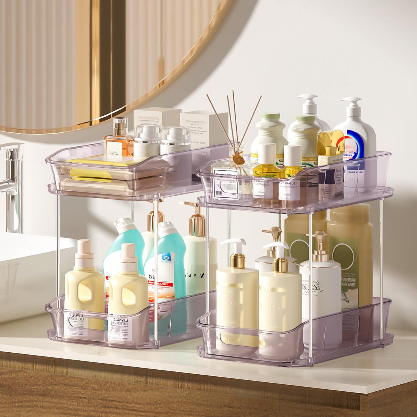 Delamu 2-Tier Under Sink Organizers and Storage, Multi-Purpose Stackable Bathroom Cabinet organizers, Pull Out Kitchen Pantry Organization and Storage with Dividers(2 Pack, Purple)