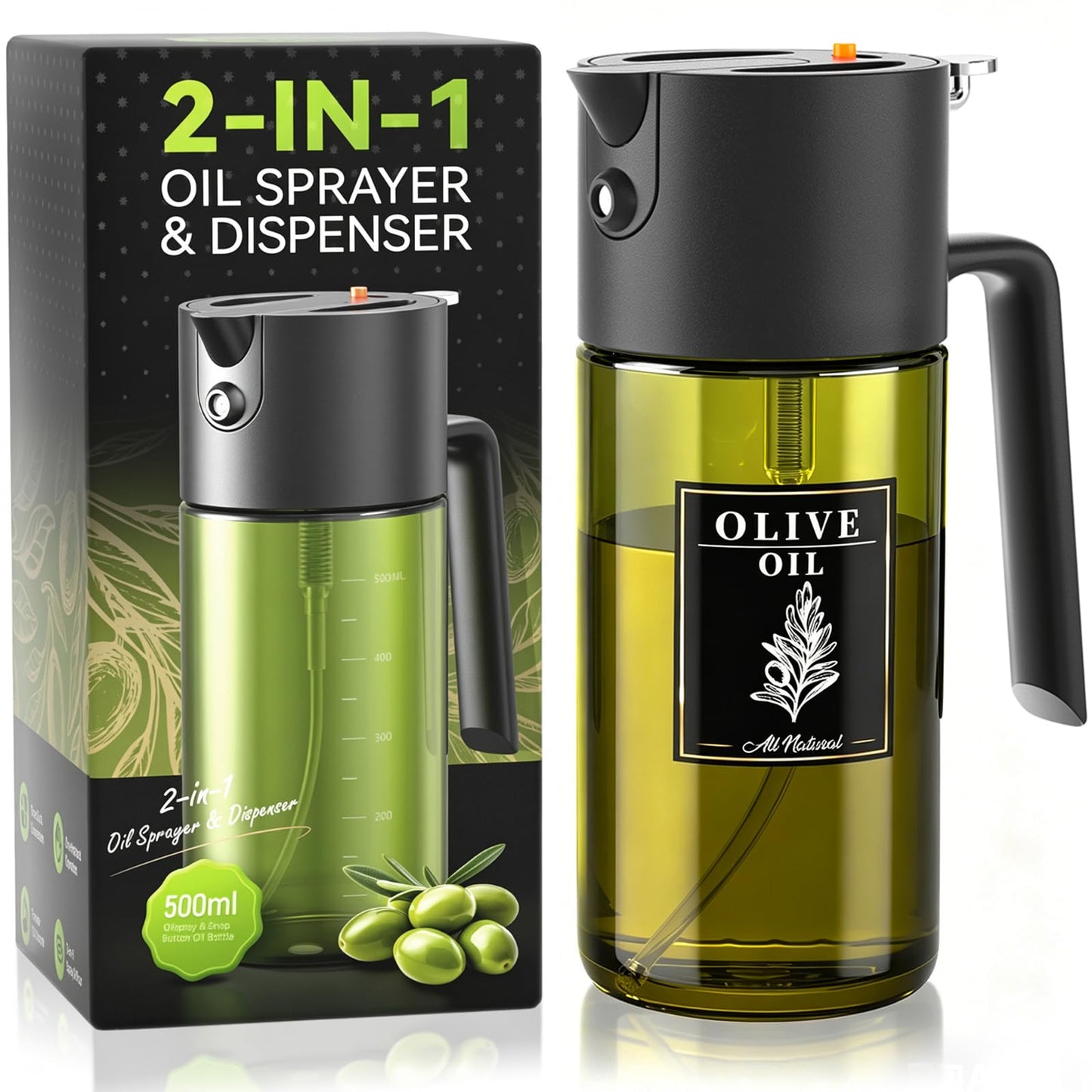 Gelibo 2-IN-1 Oil Sprayer for Cooking, 500ML Light-Blocking Glass Oil Dispenser for Kitchen, Olive Oil Spray Bottle with Leak-Proof,Cooking Spray with Portion Control for BBQ, Air Fryer, Salad - Black