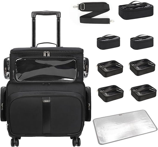 Rolling Makeup Train Case with Large Makeup Case，Professional Makeup Artist Traveling Bag with 7 Small Clear Bags, Cosmetology Case on Wheels, Adjustable Dividers for Cosmetics Makeup Brushes Toiletry
