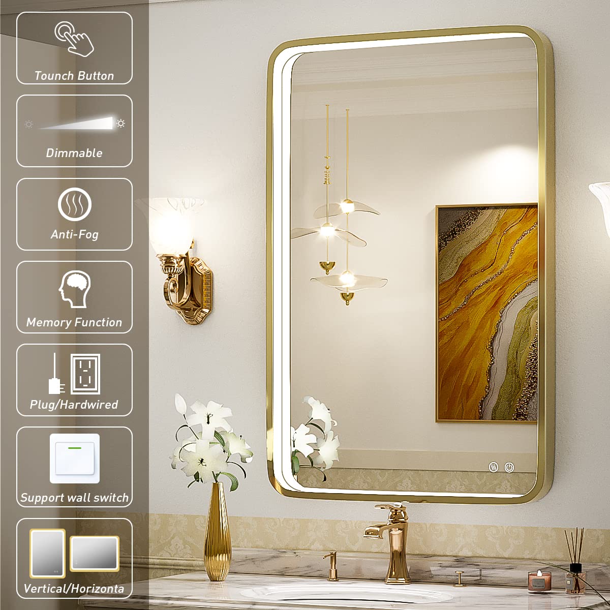 FTOTI LED 36x24 Inch Lighted Bathroom Mirror,Gold Frame,3 Color