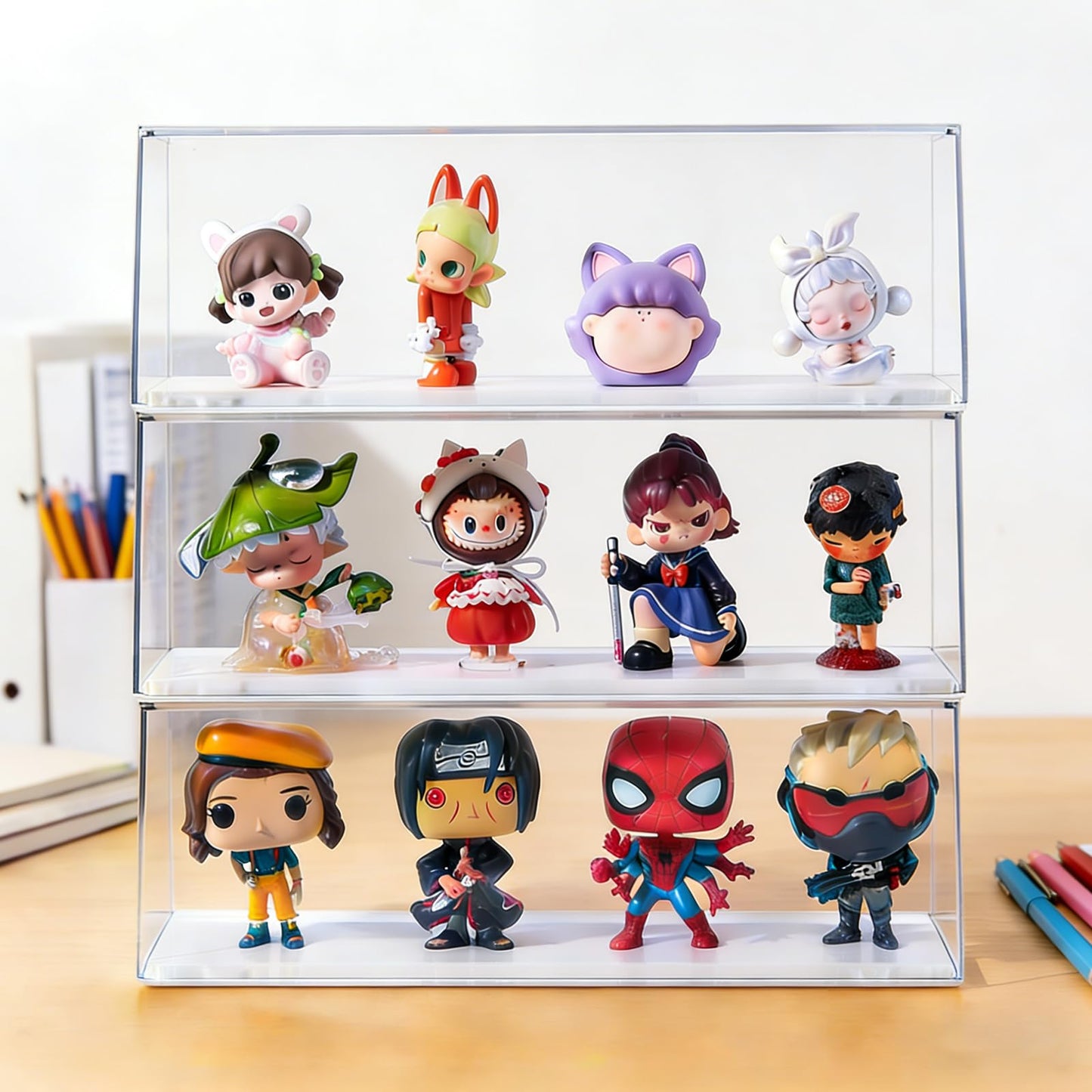 HONTUU 2 Pack Clear Acrylic Figures Display Case Stackable Box with Base, Dustproof Protector for Anime Figurine, Collectibles, Funko Pop, Model Cars - Home Office Display Showcase