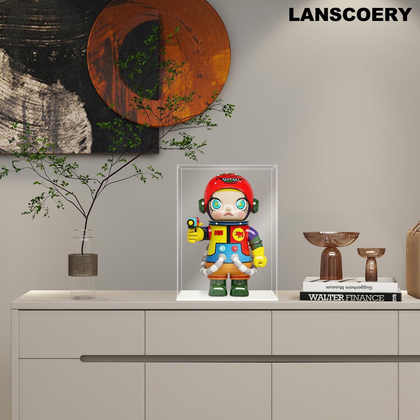 LANSCOERY Acrylic Display Case, 4.7x4.7x7 in, Upgraded Thickened UV-Resistant Showcase, 98% Clarity Dustproof Box with Glossy White Base for Action Figures, LEGO & Models, Scraper & LED Light