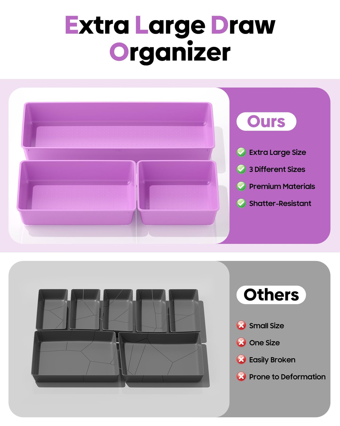 MLIKLU 10 Pack Large Size Plastic Drawer Organizers Set, 3 Sizes Desk Drawer Organizer Trays, Storage Bins for Vanity, Makeup, Bathroom, Kitchen Utensils and Office (Purple)